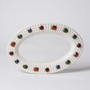 MARYSE BOXER Italy Oval White Ceramic Platter with Jeweled Rim Border 18inches